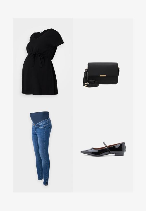 Schwarzes Umstandskleid aus weichem Stoff, mit kurzen Ärmeln, V-Ausschnitt und verstellbarem Kordelzug in der Taille. Schlichtes Design, ohne Muster.; Schwangerschaftsjeans aus dunkelblauem Denim. Slim Fit mit einem dehnbaren, unterstützenden Bauchband. Mit seitlichen Reißverschlüssen an den Knöcheln.; Schwarze Lackleder-Mary-Jane-Ballerinas mit spitz zulaufender Zehenpartie und kleinem Absatz, ausgestattet mit einem verstellbaren Riemen mit goldfarbener Schnalle.; Schwarze Leder-Crossbody-Tasche mit Klappenverschluss, goldenen Beschlägen, verstellbarem Tragegurt und strukturiertem Material. Kompakte, rechteckige Form.