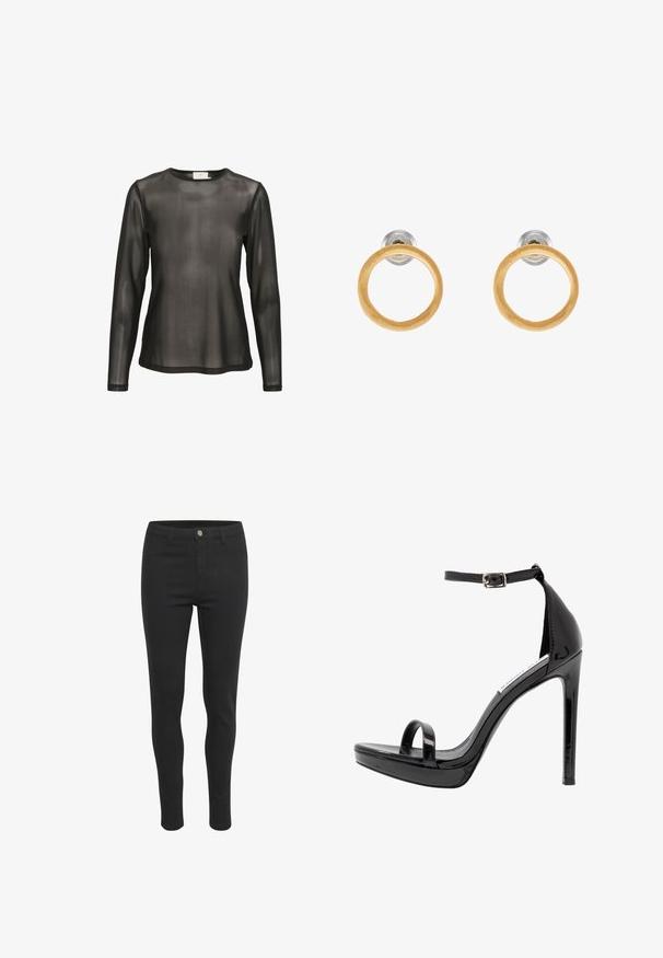 Haut noir transparent à manches longues avec un col rond. Fabriqué en tissu léger, il présente une texture lisse et un design simple et droit.; Jeans skinny noirs avec une texture de tissu lisse, dotés d'une fermeture à bouton à l'avant, de cinq poches et d'un design ajusté.; Steve Madden MILANO - Sandales à talons hauts - black; Boucles d'oreilles en métal doré avec des accents circulaires en bois, présentant une texture lisse et un design minimaliste. La silhouette met en avant la simplicité.