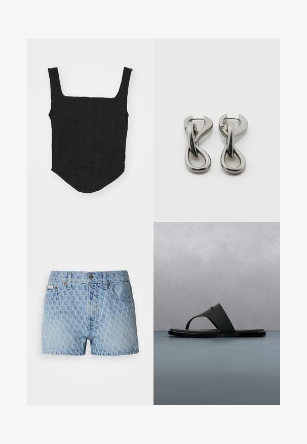Μαύρη βαμβακερή τοπ κορυφή bustier με τετράγωνη λαιμόκοψη, φαρδείς ιμάντες ώμου και κατακόρυφες ραφές. Λείο υφή, εφαρμοστή σιλουέτα και καμπυλωτό στρίφωμα.; Τζιν σορτς σε ανοιχτό μπλε χρώμα με υφασμάτινο, επαναλαμβανόμενο σχέδιο. Περιλαμβάνει κλείσιμο με κουμπί και κόκκινη ετικέτα της μάρκας στην αριστερή τσέπη.; Μαύρο σανδάλι τύπου σαγιονάρα Calvin Klein που αιωρείται πάνω από ξύλινες σανίδες με μικρές πέτρες σε εξωτερικό χώρο, με θολό πράσινο φόντο και τσιμεντένιο τοίχο στο βάθος.; Ζευγάρι ασημένιων μεταλλικών σκουλαρικιών με αφηρημένο σχέδιο διαπλεγμένων βρόχων σε λευκό φόντο.