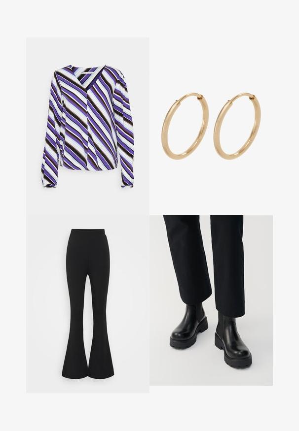 ONLY Tall ONLALMA LIFE SELENA - Blúzka - paisley purple city stripe; Čierne rozšírené nohavice vyrobené z elastického materiálu. Dizajn má vysoký pás a rozšírený lem, ktorý sa otvára pod kolenami.; Osoba nosiaca čierne kožené členkové čižmy s hrubou podrážkou v kombinácii s čiernymi nohavicami so širokými nohavicami na bielom pozadí.; Zlaté kruhové náušnice s hladkým, lešteným povrchom. Zaoblený tvar, stredná veľkosť, vybavené bezpečným uzatváracím mechanizmom.