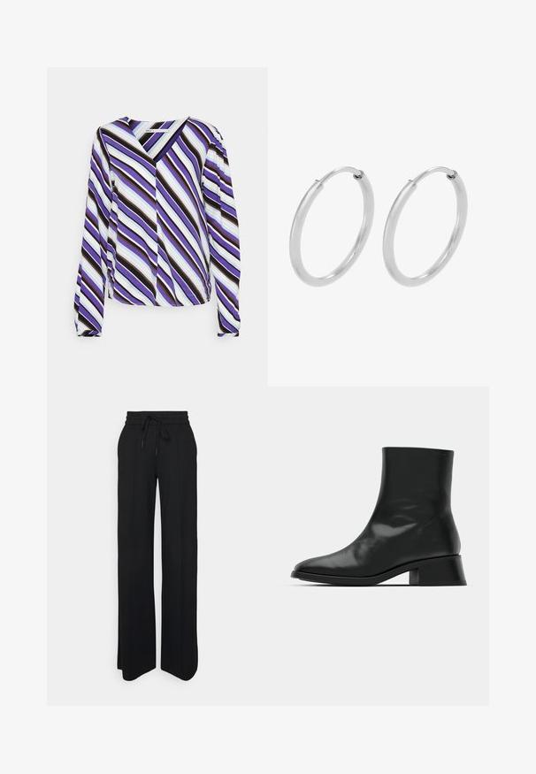 ONLY Tall ONLALMA LIFE SELENA - Blouse - paisley purple city stripe; Zwarte wijde pijpen broek gemaakt van zachte stof. Heeft een elastische tailleband met trekkoord, strakke lijnen en geen zichtbare patronen of accenten.; Zwarte enkelboot van glanzend leer, met een slank ontwerp, spitse neus en een gematigde blokhak voor stabiliteit.; Zilveren hoepeloorbellen, cirkelvormig, met een gladde glanzende textuur en een constante breedte. Minimalistisch ontwerp zonder extra accenten.