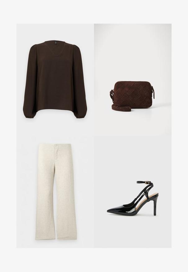 Dunkelbraune Bluse mit V-Ausschnitt, langen, aufgebauschten Ärmeln, die an den Bündchen gerafft sind, und einer leicht lockeren Passform.; Beige Leinenhose mit weitem Bein, flacher Taille und abgestepptem Reißverschluss, vor einfarbig weißem Hintergrund dargestellt.; Schwarze Patentleder-High-Heel-Slingback-Pumps mit spitzem Zeh, verstellbarem Knöchelriemen und offenen Seiten. Glatte Textur.; Braune Wildleder-Crossbody-Tasche mit einem gewebten Design, Reißverschluss und verstellbarem Riemen. Hat eine schlanke, rechteckige Form.