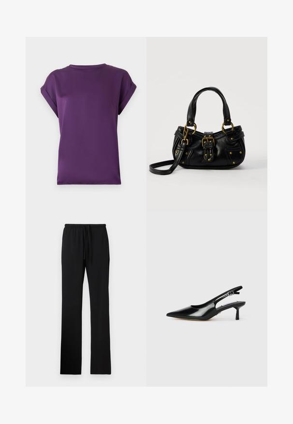 Camisa de manga corta morada con puños doblados y escote redondo, mostrada sobre un fondo neutro.; Pantalones con cintura elástica negra y cordón, con una textura suave y piernas rectas de longitud completa sin bolsillos.; Tacones slingback de charol negro con punta afilada, tacón delgado y correa ajustable con hebilla. Textura suave con un detalle mínimo.; Bolso de cuero negro con hebilla y detalles de remaches dorados, asas cortas y una correa de hombro ajustable sobre un fondo blanco liso.