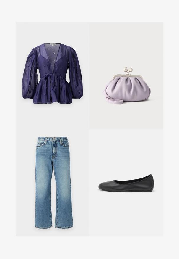 Blouse bleu marine en tissu transparent, décolleté en V et manches bouffantes. Présente une taille froncée avec des accents de broderie florale.; Jeans en denim bleu clair avec une coupe large, cinq poches et une fermeture à bouton. Le tissu présente un léger délavage et une texture classique.; Ballerines en cuir noir avec un bout rond, texture lisse, détails de couture minimalistes et design de semelle flexible.; Pochette lavande douce avec tissu froncé, fermoir kiss-lock argenté et bracelet assorti sur un fond clair uni.