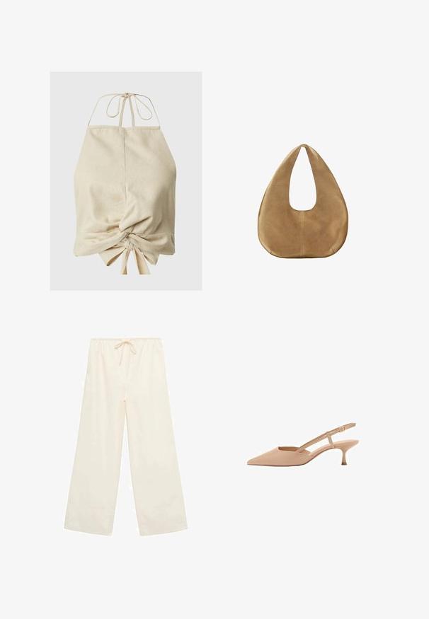 Beiger Halter-Top aus leichtem Stoff. Hat ein Bindeband am Rücken und ein geknotetes Detail an der Vorderseite für eine enganliegende Silhouette.; Cremefarbene weit geschnittene Hose mit elastischem Bund und vorderem Kordelzug, ausgestattet mit weiten Bündchen an den Säumen.; Spitze nude Slingback-Absätze mit niedrigem Kitty-Freilauf, aus glänzendem Material, mit einem schlanken Riemen und verstellbarer Schnalle.; Hellbraune Wildleder-Hobo-Tasche mit breitem, rundem Korpus und einem flachen Henkel, vor weißem Hintergrund abgebildet.