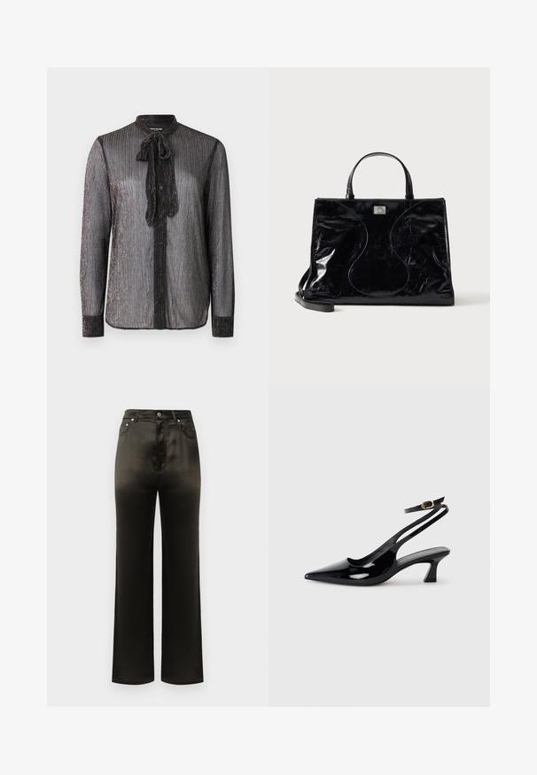 Chemise à manches longues en tissu noir scintillant à rayures verticales, avec un nœud papillon au col et une fermeture boutonnée à l'avant.; Pantalon large en satin noir avec une taille haute, doté de poches latérales et d'accents en boutons métalliques. Texture lisse et design épuré.; Escarpins à brides arrière en cuir verni noir, à bout pointu, avec un petit talon carré et une sangle de cheville ajustable dotée d'une boucle dorée.; Sac à main en cuir noir brillant avec poignées courtes, bandoulière amovible et détails de couture discrètement courbés à l’avant.