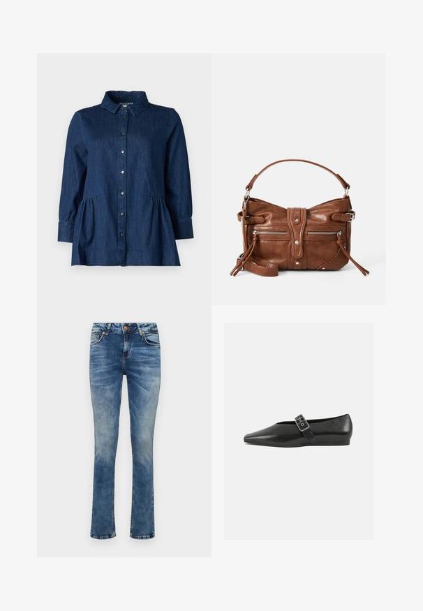 Mørk denimskjorte med krave, knaplukning foran, lange ærmer og indsamlede peplum-detaljer ved taljen. Glat tekstur og klassisk design.; Lyseblå denimjeans med lige ben, der har en frontknaplukning, fem lommer og diskret fading.; Sorte læder flade sko med spidse tæer, prydet med en metallisk spænde over vristen og en lav, fleksibel sål.; Brun læderhåndtaske med en rund form, to frontlommer med lynlås og en aftagelig skulderrem. Udstyret med hardware og syninger i sølvfarve.