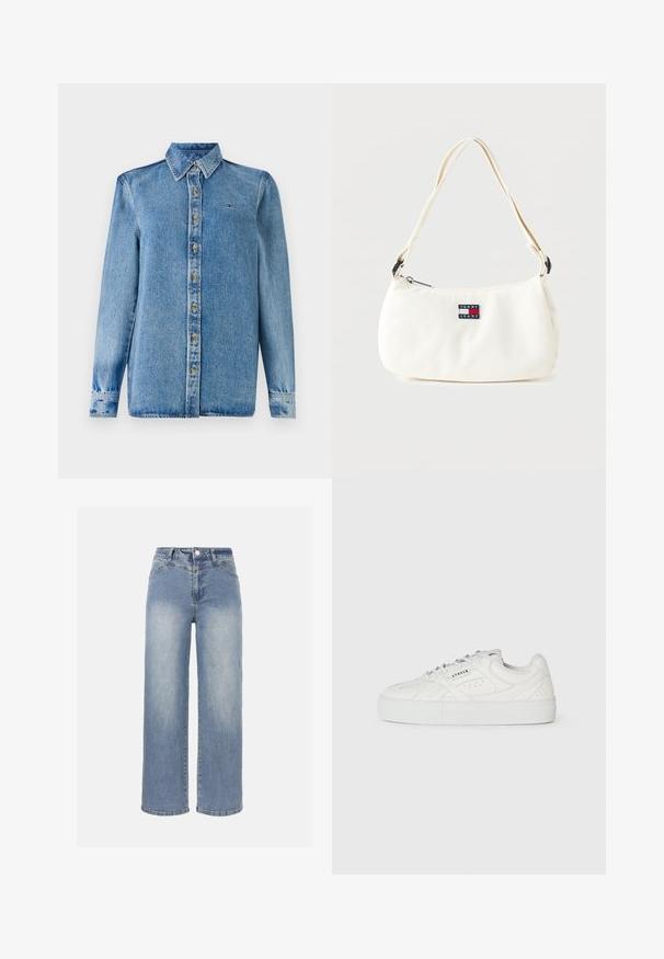Tommy Hilfiger LANA SHIRT - Chemisier - blue denim; Jean large à taille haute bleu clair avec un effet délavé, bouton frontal, fermeture éclair et design classique à cinq poches.; Baskets blanches montantes avec un design à lacets, détails perforés et "CPNHGN" imprimé sur le côté, sur un fond blanc uni.; Sac à épaule blanc avec bandoulière ajustable et écusson logo Tommy Jeans sur le devant, sur fond uni.