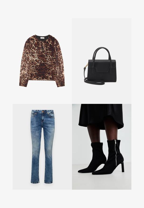 Bluse med leopardprint, rund halsudskæring og bindedetalje, med lange, gennemsigtige ærmer. Stoffet har en let og glat tekstur.; Lyseblå denimjeans med lige ben, der har en frontknaplukning, fem lommer og diskret fading.; Sorte ankelstøvler med en strækbart stofoverdel, spids tå og en sidelukning med lynlås, sat på en slank, høj hæl.; Sort struktureret håndtaske lavet af læder med et topgreb, aftagelig skulderrem og detalje med frontklap. Guldhardware accenter.
