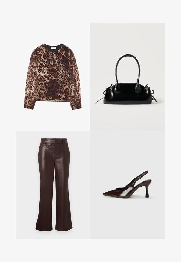 Blouse à imprimé léopard avec un col rond et un détail à nouer, dotée de longues manches transparentes. Le tissu a une texture légère et lisse.; Pantalons évasés en simili cuir marron avec une texture lisse, dotés d'une taille ceinturée et d'une fermeture éclair. Lignes épurées et silhouette élégante.; Talons slingback en cuir verni brun avec un bout pointu, un talon fin, et une sangle réglable avec une petite boucle.; Petit sac à main noir brillant avec deux longues anses et des détails à cordon sur les côtés sur un fond clair uni.