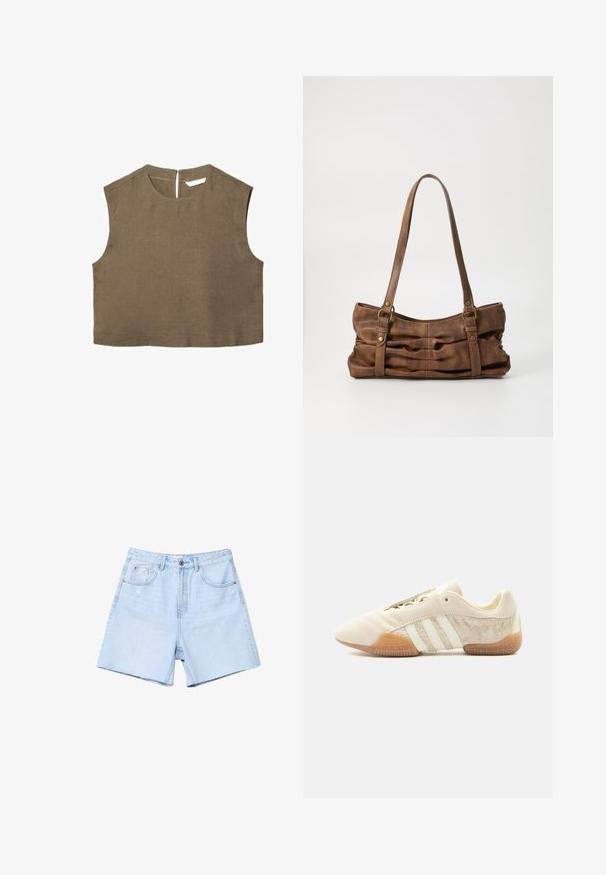 Ærmeløs cropped top i olivengrøn med rund halsudskæring og lynlås bagpå, lavet af blødt, tekstureret stof.; Lys blå denimshorts med høj talje, flad front, fem lommer og rå kant. Stoffet er let slidte med subtle falmede detaljer.; Lavprofileret beige sneaker med tre hvide striber, teksturerede ruskindssidepaneler, gummisål og snørelukning på ensfarvet baggrund.; Even&Odd Håndtasker - brown