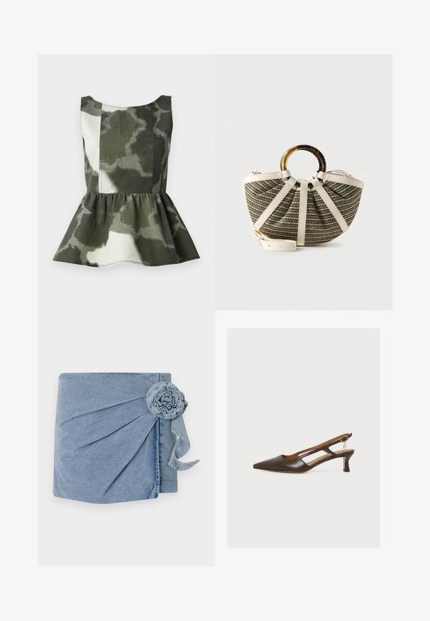Peplum-top lavet af camouflagemønstret stof i grønne og beige nuancer, med en tætsiddende overdel og en fladret, rynket kant.; Denimindpakning med en lys blå nuance, intrikate plisseringer og en dekorativ blomst med et svævende bånd. Blød tekstur og afslappet design.; Mørkebrune spidse slingback-sko med mellemhøj hæl, udskårne sider og en lille gylden charme hængende fra ankremmens spænde.; Halvcirkelformet vævet håndtaske med cremefarvede læderremme og et rundt håndtag af skildpaddehelt og guld på hvid baggrund.