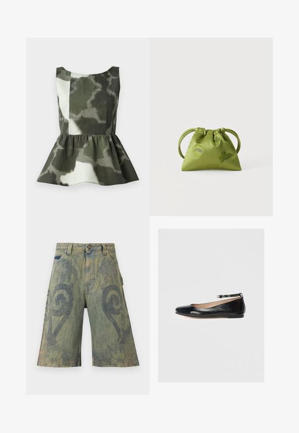 Peplumtop gemaakt van camouflagedessins in groene en beige tinten, met een getailleerde bovenkant en een uitlopende rucheszoom.; Paolina Russo Jeansshort - sand; Zwarte leren ballerina met een ronde neus, enkelbandje en lage hak. Glad textuur en minimalistisch ontwerp.; Groene handtas met trekkoord en twee handvatten, versierd met geborduurde blauwe en groene abstracte vormen, tegen een effen witte achtergrond.