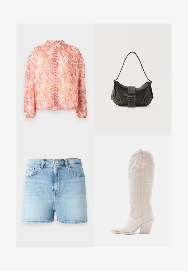 Durchsichtige pinke Bluse mit floralen Wirbeln in Rot und Gold, runder Kragen, Knopfverschluss vorne, elastische Bündchen und gerade Saum.; Denim-Shorts in Hellblau, mit hoher Taille, klassischem Fünf-Taschen-Design und ausgefranstem Saum sowie einer leicht verblichenen Textur.; Weiße Leder-Cowboystiefel mit spitzer Zehe und blockiertem Absatz. Sie verfügen über aufwendige Steppmuster am Schaft und eine glatte Textur.; Schwarze Leder-Schultertasche mit Schnallengurt-Detail, abgerundeten Kanten und kontrastierenden weißen Nähten auf schlichtem Hintergrund.