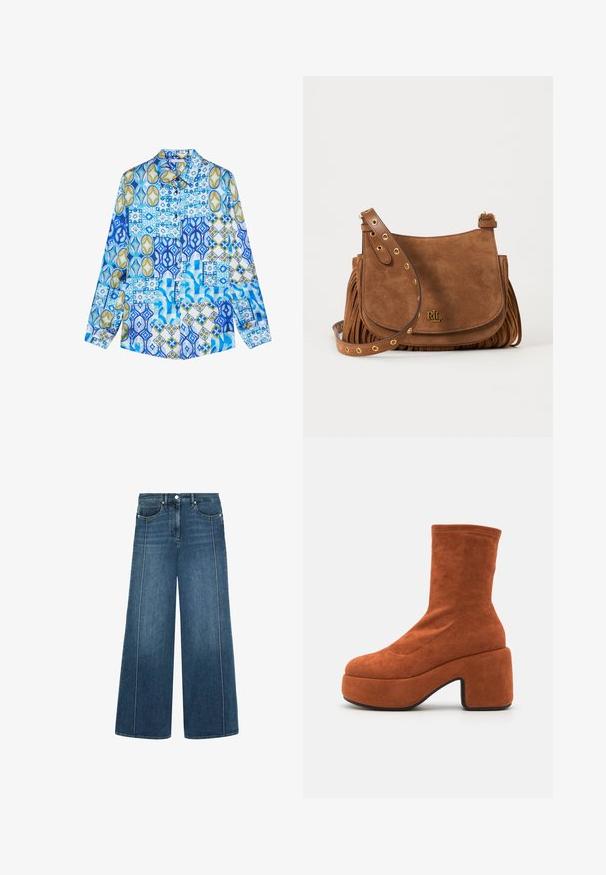 Langærmet skjorte med knapper med blå, hvide og gyldne geometriske og blomstrede patchworkmønstre.; Bredde ben jeans i mørkeblå denim med kontrasterende hvid sying, fem-lomme design og en knaplukning i taljen.; Brune ruskind ankelstøvler med blokhæl og platformssål. Overdelen har en glat tekstur og syninger, der strækker sig til midten af læggen.; Brun ruskind crossbody taske med guldøjer på justerbar rem, frynse detaljer på siderne og lille gyldent RLL-logo på frontklappen.