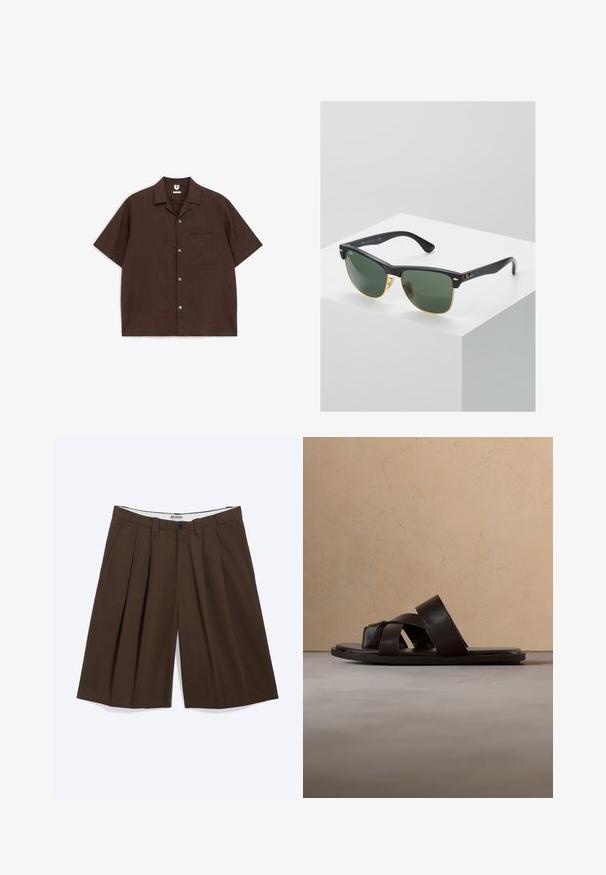 Donkerbruine korte mouwen blouse met knopen, kraag en borstzak, plat gelegd op een witte achtergrond.; Bruine geplooide knielange shorts met zijzakken, riemlussen en een knoopsluiting, met het label "WEEKDAY" op de binnenband.; Zwarte leren slip-on sandaal met drie gekruiste bandjes, platte zool en een gladde textuur, boven een geweven natuurlijk vezel tapijt.; Ray-Ban zonnebrillen met groene lenzen, zwarte plastic monturen en gouden accenten aan de randen. Vierkante vorm met een matte afwerking.