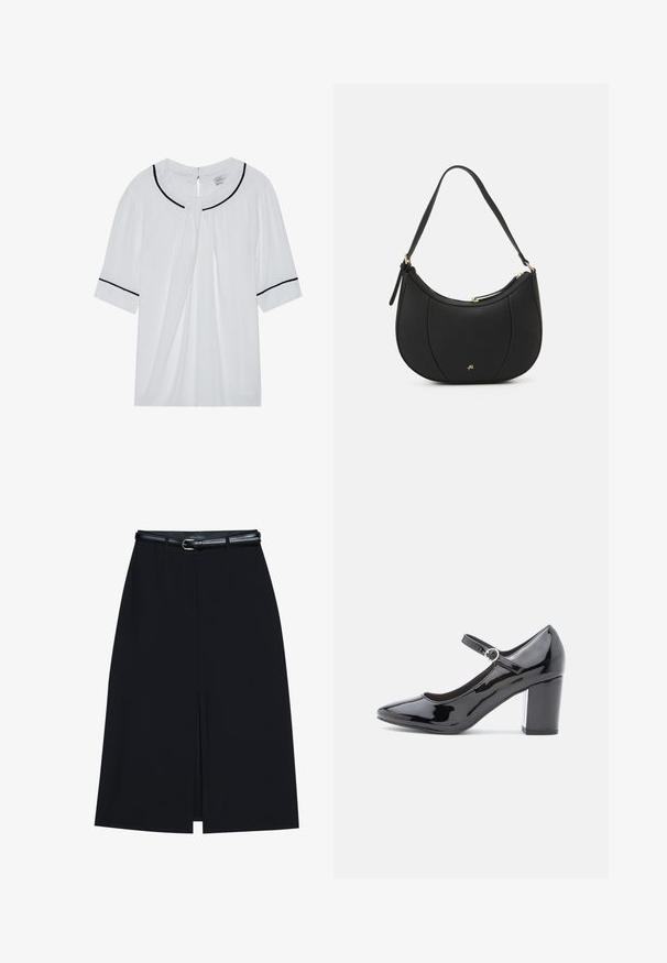 Blusa blanca de manga corta con escote redondo, con ribete negro en el cuello y las mangas, y un cierre de ojal en la parte posterior.; Falda negra hasta la rodilla con una abertura en la parte delantera, hecha de tejido suave. Presenta un delgado cinturón negro con una hebilla plateada y pasadores para el cinturón.; Zapato de tacón alto de charol negro con punta redondeada, correa en el tobillo y tacón cuadrado. Acabado brillante con una textura suave.; Bolso de mano de cuero negro con forma curva, superficie texturizada, costuras frontales y un logo en tono dorado. Cuenta con una sola correa ajustable.