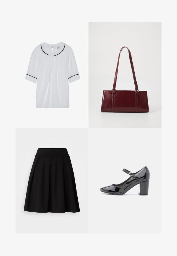 Blouse blanche à manches courtes avec un col rond, ornée de bordures noires le long du col et des manches, et d'une fermeture par œillet dans le dos.; Jupe plissée noire en tissu doux, dotée d'une taille haute et d'une forme évasée en A, adaptée à diverses occasions.; Chaussure à talon haut en cuir verni noir avec un bout rond, une bride de cheville et un talon carré. Fini brillant avec une texture lisse.; Sac à main bordeaux en matériau brillant, de forme rectangulaire, avec deux anses et des accents légèrement courbés à l'avant.