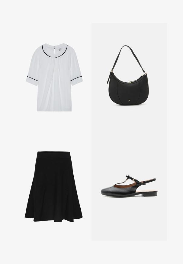 Blusa blanca de manga corta con escote redondo, con ribete negro en el cuello y las mangas, y un cierre de ojal en la parte posterior.; Falda negra acampanada hasta la rodilla con una cintura ancha y elástica y textura de tela lisa, mostrada sobre un fondo blanco.; Zapato plano slingback de cuero negro con T-correa y hebilla dorada sobre fondo neutro.; Bolso de mano de cuero negro con forma curva, superficie texturizada, costuras frontales y un logo en tono dorado. Cuenta con una sola correa ajustable.
