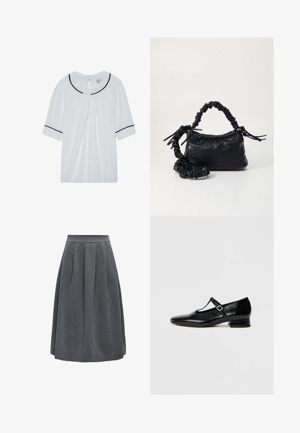 Blouse blanche à manches courtes avec un col rond, ornée de bordures noires le long du col et des manches, et d'une fermeture par œillet dans le dos.; Jupe plissée gris foncé de longueur moyenne avec une taille ajustée, conçue pour un usage décontracté ou professionnel.; Chaussures Mary Jane en cuir noir avec bout pointu, petit talon carré et bride ajustable avec une boucle argentée. Texture lisse et brillante.; Sac à main en simili cuir noir avec une texture crocodile, un dessus resserré et une sangle froncée. A l'apparence douce et compacte.
