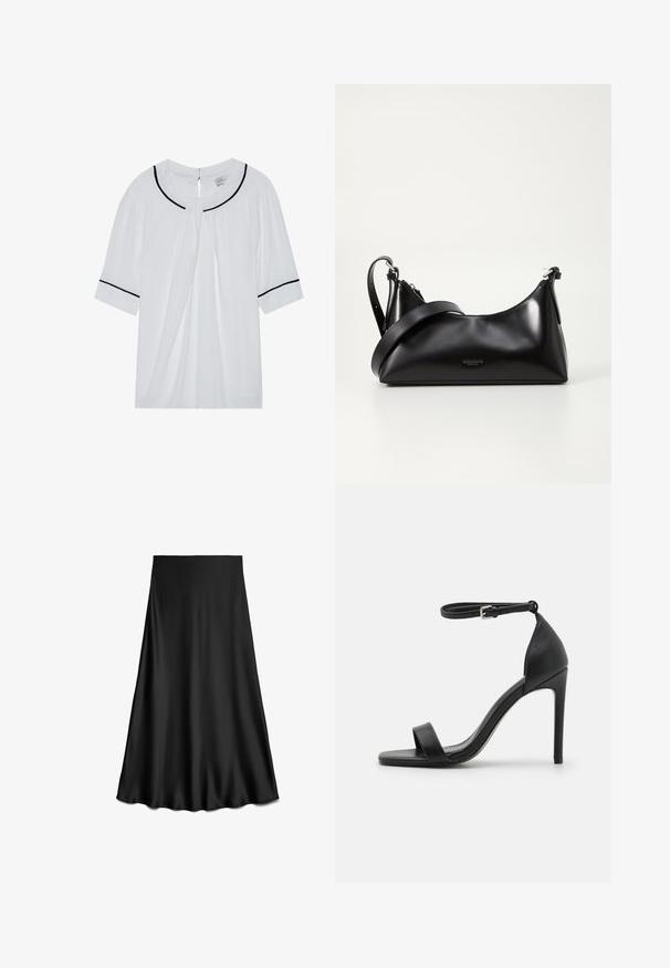 Blusa blanca de manga corta con escote redondo, con ribete negro en el cuello y las mangas, y un cierre de ojal en la parte posterior.; Falda negra de satén en línea A con textura suave y dobladillo fluido, hasta la rodilla, mostrada sobre un fondo blanco.; Sandalia de tacón alto negra con un diseño elegante, que cuenta con una correa en el tobillo, punta abierta y una textura de cuero suave.; Bolso de mano de cuero negro con una textura suave. Cuenta con una correa ajustable y un diseño elegante y minimalista con cierre de cremallera.