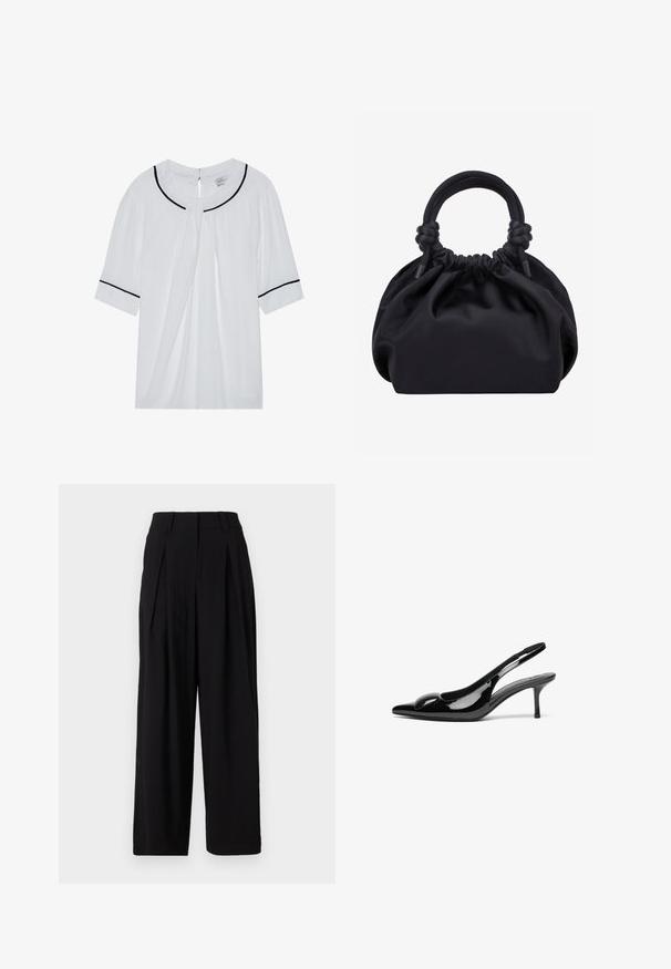 Blusa blanca de manga corta con escote redondo, con ribete negro en el cuello y las mangas, y un cierre de ojal en la parte posterior.; Pantalones de pierna ancha negros, hechos de una tela suave, con una cinturilla alta, pliegues en la parte delantera y una silueta fluida.; Tacones slingback de charol negro con punta afilada y acabado brillante. Presentan un tacón delgado y un acento redondeado en el empeine.; Bolso de mano de tela negra suave con parte superior fruncida y asas acolchadas circulares atadas con nudos a cada lado.