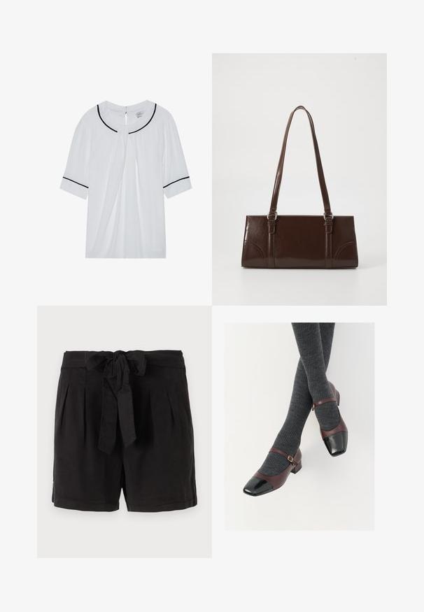 Witte blouse met korte mouwen en een ronde halslijn, voorzien van zwarte afwerking langs de kraag en mouwen, en een keyhole sluiting aan de achterkant.; Zwarte katoenen shorts met een strikgordel in de taille, plooien aan de voorkant en zijzakken. Gladde textuur en casual ontwerp.; Bordeaux leren Mary Jane-schoenen met een zwarte laktoecap en dunne enkelband; gedragen met donkergrijze geribde sokken. Lage blokhak.; Bruine lakleren handtas met een rechthoekige vorm, twee lange handvatten en subtiele gebogen accenten aan de voorkant.