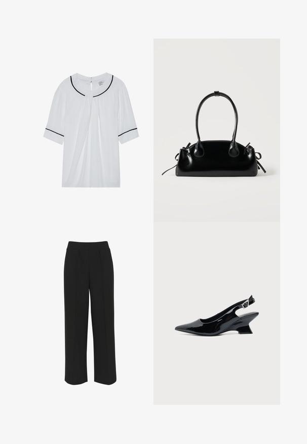 Blusa blanca de manga corta con escote redondo, con ribete negro en el cuello y las mangas, y un cierre de ojal en la parte posterior.; Pantalones de pierna ancha negros con una cinturilla plana, que presentan pliegues delanteros y una textura suave. Sin bolsillos ni herrajes visibles.; Zapato slingback de cuero charol negro con puntera puntiaguda y tacón bajo en bloque inclinado sobre fondo claro liso.; Pequeño bolso negro brillante con dos asas largas y detalles de cordón lateral sobre un fondo claro liso.