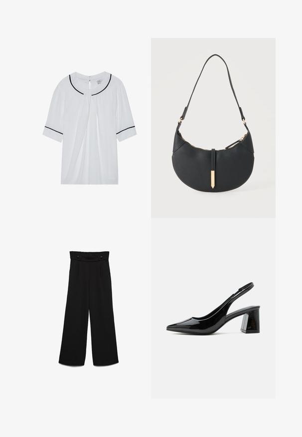Blusa blanca de manga corta con escote redondo, con ribete negro en el cuello y las mangas, y un cierre de ojal en la parte posterior.; Pantalones negros de pierna ancha con una pretina alta, que cuentan con dos botones frontales y una textura suave. Corte recto con pliegues en la parte delantera.; Zapato slingback negro de charol con punta afilada y tacón ancho de altura media sobre fondo blanco.; Bolso negro en forma de media luna con una sola correa, cremallera dorada y una lengüeta decorativa rectangular dorada en la parte delantera.