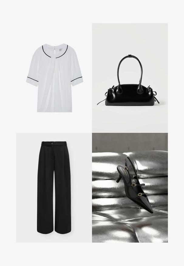 Blouse blanche à manches courtes avec un col rond, ornée de bordures noires le long du col et des manches, et d'une fermeture par œillet dans le dos.; Pantalon noir taille haute à jambes larges avec un bouton sur le devant et une fermeture éclair dissimulée sur un fond clair uni.; Escarpin slingback noir à bout pointu avec deux brides à boucle dorée reposant sur une surface rembourrée argentée brillante.; Petit sac à main noir brillant avec deux longues anses et des détails à cordon sur les côtés sur un fond clair uni.