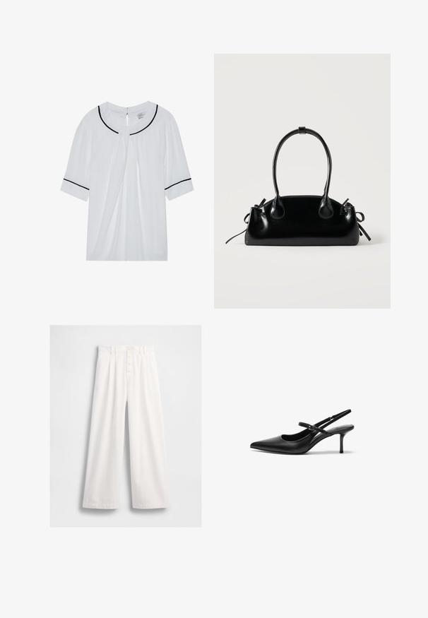 Blouse blanche à manches courtes avec un col rond, ornée de bordures noires le long du col et des manches, et d'une fermeture par œillet dans le dos.; Pantalons larges blancs en tissu lisse, avec une taille haute, une fermeture frontale à boutons visibles et des coutures soignées le long des ourlets.; Talons aiguilles noires en cuir avec un bout pointu, une fine bride réglable, et un talon aiguille d'environ 5 cm, texture lisse.; Petit sac à main noir brillant avec deux longues anses et des détails à cordon sur les côtés sur un fond clair uni.