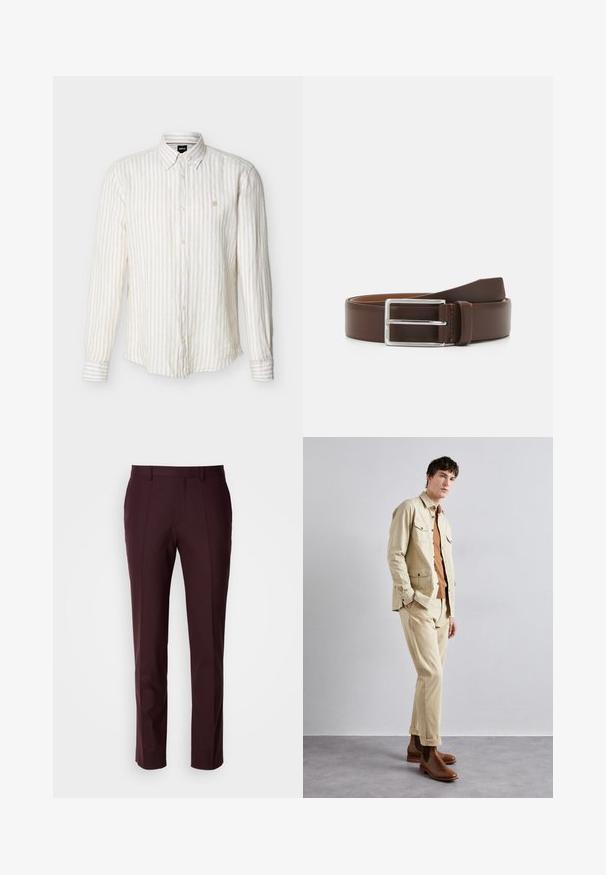 Chemise à manches longues à rayures verticales beige et blanches, boutonnée, avec col et petit logo brodé sur le côté gauche de la poitrine.; Pantalon bordeaux avec une coupe ajustée, un devant plat et une texture de tissu lisse, jambes droites sans ornements visibles.; Veste en coton beige avec deux poches poitrine, portée sur une chemise marron et un pantalon beige assorti. Des bottines en cuir marron à la cheville viennent compléter la tenue.; Ceinture en cuir marron avec une texture lisse, dotée d'une boucle en métal argenté et de coutures contrastées sur les bords.