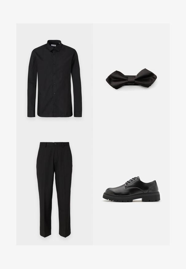 Camisa de botón negra de manga larga con collar clásico, hecha de una tela suave, con botones frontales y un diseño de corte regular.; Pantalones negros de tela suave, con un diseño de pierna recta, bolsillos delanteros, un cierre de botón y sin patrones visibles.; Zapatos de cuero negro con punta redondeada, diseño con cordones y una suela de goma gruesa y texturizada. Presentan costuras a lo largo del borde y un acabado suave.; Pajarita de satén negro con una textura suave y un nudo central, que presenta extremos grandes y redondeados que se estrechan en el centro.
