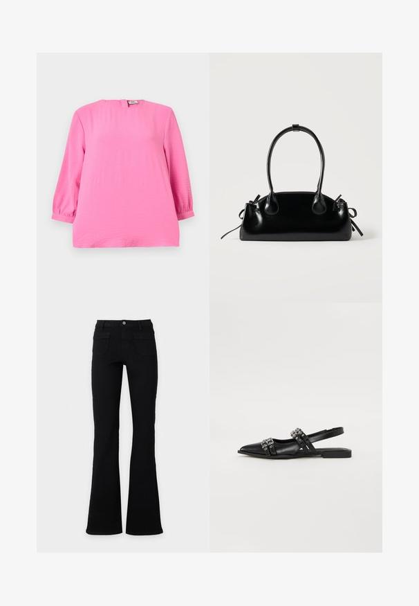 Blouse rose vif à manches longues avec un col rond et une légère texture, dotée d'une fermeture éclair au dos et de manches à revers.; Jean flare noir taille haute avec poches avant, passants de ceinture et fermeture par bouton, présenté sur un fond blanc uni.; Even&Odd Ballerines à brides arrière - black; Petit sac à main noir brillant avec deux longues anses et des détails à cordon sur les côtés sur un fond clair uni.