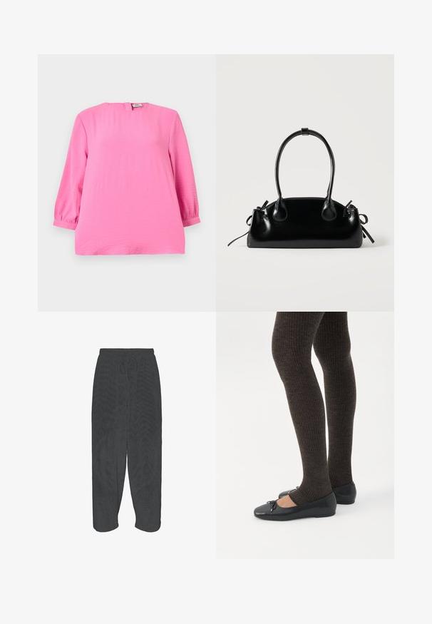 Blouse rose vif à manches longues avec un col rond et une légère texture, dotée d'une fermeture éclair au dos et de manches à revers.; Pantalon noir coupe ample avec ceinture élastique et cordon, présenté à plat sur fond blanc.; Jambes portant des leggings côtelés foncés associés à des ballerines noires avec de petits détails en nœud sur fond blanc.; Petit sac à main noir brillant avec deux longues anses et des détails à cordon sur les côtés sur un fond clair uni.
