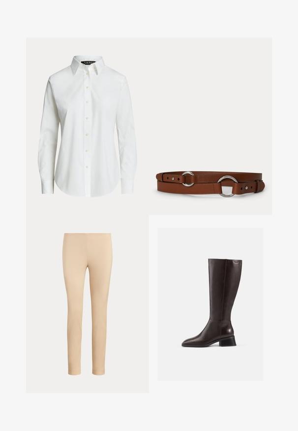 Λευκό πουκάμισο με μακριά μανίκια, με κλασικό γιακά και ορατά κουμπιά μπροστά, εμφανίζεται σε απλό φόντο.; Μπεζ στενά παντελόνια μέχρι τον αστράγαλο με λεία υφή και χωρίς ορατές τσέπες ή διακοσμητικά σε μονόχρωμο φόντο.; Μποτάκια καφέ από δέρμα μέχρι το γόνατο με λεία επιφάνεια, στρογγυλή μύτη και μαύρο χοντρό τακούνι. Απλός σχεδιασμός με ελάχιστες μεταλλικές λεπτομέρειες.; Καφέ δερμάτινη ζώνη με ασημένια κυκλικά μεταλλικά δαχτυλίδια και ρυθμιζόμενες τρύπες πόρπης σε απλό ανοιχτό φόντο.