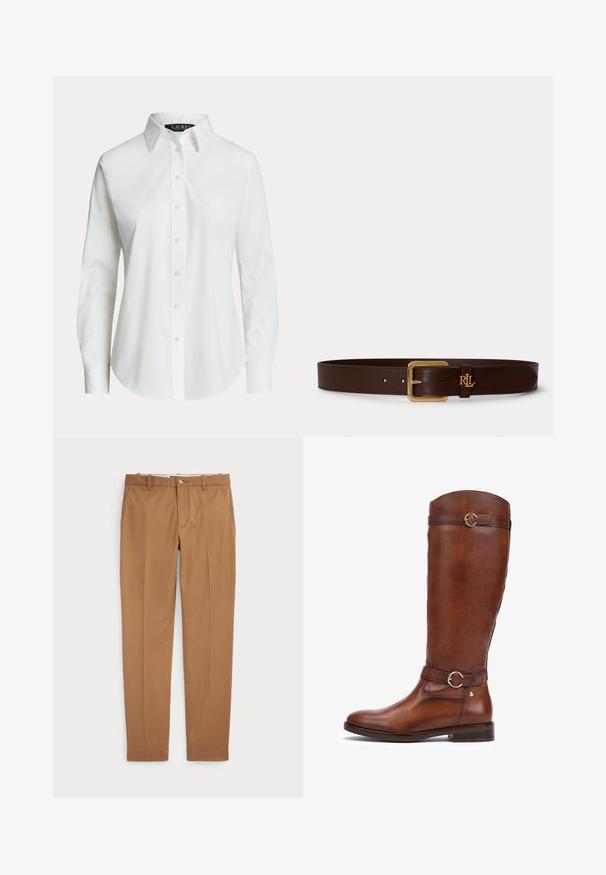 Camisa blanca de manga larga con botones, con cuello clásico y botones delanteros visibles, mostrada sobre un fondo liso.; Pantalones de algodón marrón con un diseño ajustado, parte delantera plana y bolsillos estándar; textura suave y puños dobladillos.; Botas de cuero marrón hasta la rodilla con un acabado suave, puntera redondeada, una correa decorativa con una hebilla circular y un tacón bajo apilado.; Cinturón de cuero marrón oscuro con hebilla rectangular dorada y pequeño logo dorado "RL" cerca de la hebilla sobre un fondo liso y claro.