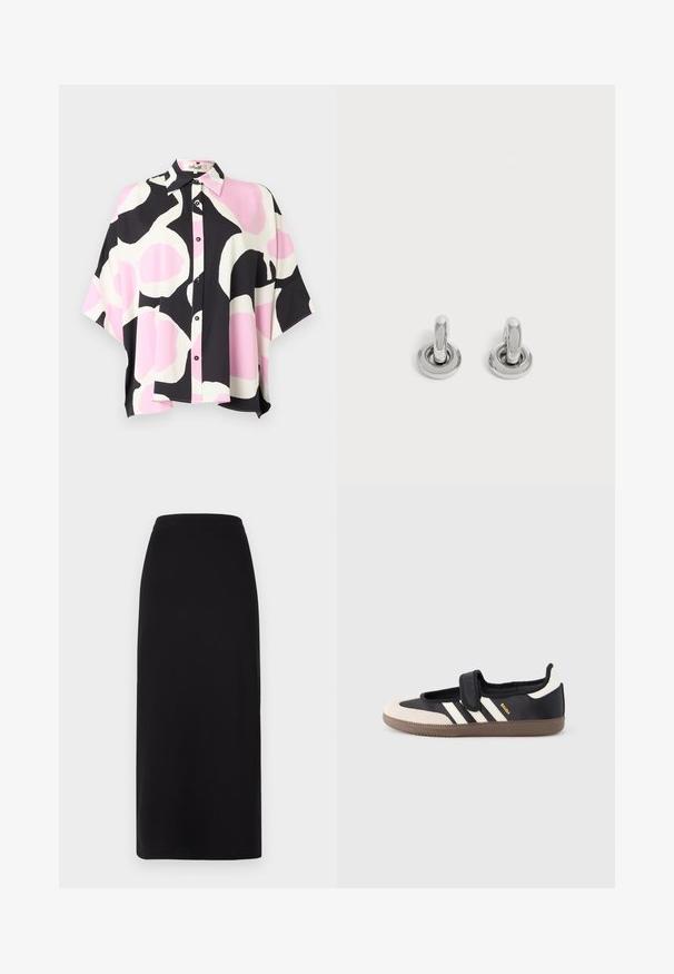 Kortærmet bluse med et sort, hvidt og pink abstrakt blomstermønster. Har knapper foran og en krave. Fremstillet af letvægtsstof.; Sort, ankellang nederdel med en tætsiddende talje. Lavet af blødt, strækbart stof, med en glat tekstur og uden synlige dekorationer.; Sort og beige sko med velcrolukning, tre hvide striber på siden og en tekstureret brun gummisål. Mærkelogo er synligt.; Par små, skinnende sølv hoops med rund base, vist på en ensfarvet lys baggrund.