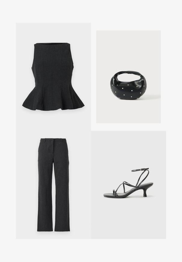Čierny, bezrukávový peplum top so štruktúrovaným dizajnom. Obsahuje textúrovanú látku a rozšírený lem, čo poskytuje upravený vzhľad.; Uhlová šedá nohavice so rovnými nohavicami vyrobené z textúrovanej tkaniny. Obsahujú pútka na opasok, plochý predný diel a žiadne viditeľné vrecká.; Čierne lodičky na podpätku s tenkými remienkami, otvorenou špičkou a malým rozšíreným podpätkom. Materiál vyzerá hladko a lesklo.; Čierna kožená kabelka s zaobleným tvarom, zdobená striebornými cvočkami a krátkym rúčkou. Hladká textúra a zapínanie na zips.