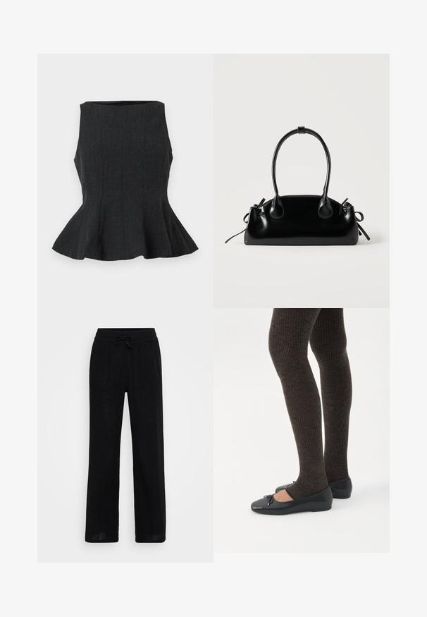 Haut peplum sans manches noir avec un design structuré. Doté d'un tissu texturé et d'un ourlet évasé, offrant un look ajusté.; Pantalons larges en lin noir avec une taille élastique et un cordon de serrage. Texture lisse, tissu respirant et design à longueur complète.; Jambes portant des leggings côtelés foncés associés à des ballerines noires avec de petits détails en nœud sur fond blanc.; Petit sac à main noir brillant avec deux longues anses et des détails à cordon sur les côtés sur un fond clair uni.