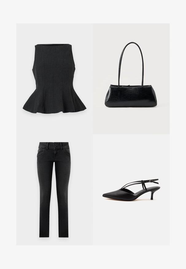 Sort, ærmeløs peplum-top med en struktureret design. Har et tekstureret stof og en flared kant, der giver et skræddersyet look.; Sorte denim skinny jeans med en to-knaps talje, frontlommer og en glat, tekstureret overflade. Standard snit, hel længde design.; Sort læder spids tå kitten heel med tynd ankelrem og spænde, slingback design, på en ensfarvet lys baggrund.; Sort rektangulær skuldertaske med lange tynde stropper og en glat, blank tekstur på en ensfarvet baggrund.