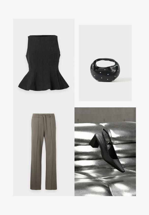 Haut peplum sans manches noir avec un design structuré. Doté d'un tissu texturé et d'un ourlet évasé, offrant un look ajusté.; Pantalons kaki avec une coupe droite, taille à cordon de serrage et deux plis sur le devant. Fabriqués dans un tissu doux et texturé.; Escarpin noir à bride arrière avec bout pointu, présentant une surface texturée et un talon bloc épais. Posé sur un fond métallique brillant.; Sac à main en cuir noir de forme arrondie, décoré de clous argentés et équipé d'une poignée courte. Texture lisse et fermeture éclair.