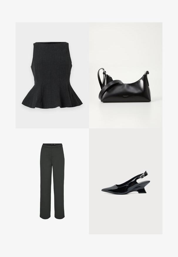 Schwarzes, ärmelloses Peplum-Top mit strukturiertem Design. Es verfügt über einen texturierten Stoff und einen ausgestellten Saum, der einen maßgeschneiderten Look bietet.; Dunkelgrüne, weit geschnittene Hosen aus glattem Stoff. Mit einem Bund mit Gürtelschlaufen, Fronttaschen und geradem Schnitt.; Schwarzer Slingback-Schuh aus Lackleder mit spitzer Spitze und niedrigem, schrägem Blockabsatz auf einfachem hellem Hintergrund.; Schwarze lederne Handtasche mit glatter Textur. Verfügt über einen verstellbaren Riemen und ein elegantes, minimalistisches Design mit einem Reißverschluss.