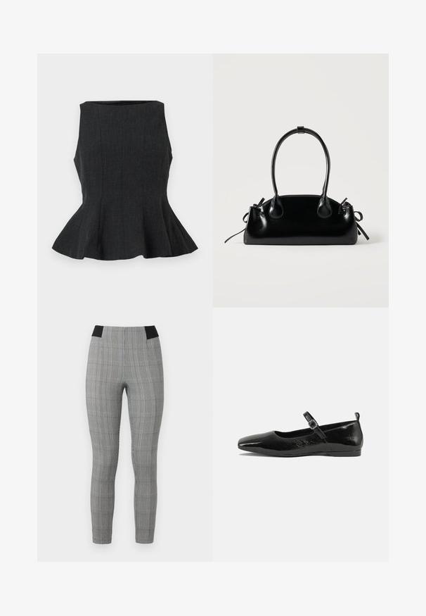 Sort, ærmeløs peplum-top med en struktureret design. Har et tekstureret stof og en flared kant, der giver et skræddersyet look.; Grå ternede leggings med en tætsiddende pasform, der har en sort elastisk talje og sidelommer. Tekstureret stof med et ternet mønster.; Sorte patentlæder flade sko med spidse tæer, en ankelrem med spænde og en glat, blank tekstur. Lav hæl for komfort.; Lille sort blank håndtaske med to lange håndtag og snøre-detaljer i siden på en ensfarvet lys baggrund.