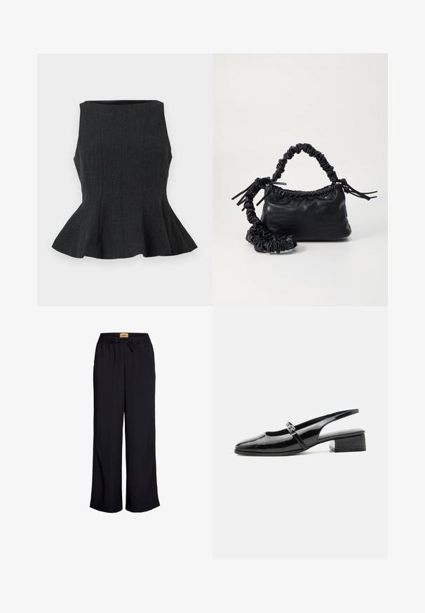 Musternäidud, varrukateta peplum-top, millel on struktureeritud disain. Omab tekstuurset kangast ja laienevat hemmi, pakkudes vormitud ilmet.; Mustad laiad püksid elastse vöökoha ja nööriühendusega. Valmistatud siledast kangast, millel puuduvad nähtavad mustrid või aktsendid.; Mustast lakknahast slingback-king madala plokksandaali ja õhukese rihmaga, millel on peal hõbedane pandlaga kinnis.; Must must sünteetilisest nahast käekott, millel on krokodillimuster, kokku tõmmatav ülaosa ja kortsus rihm. Tundub pehme ja kompaktne disain.