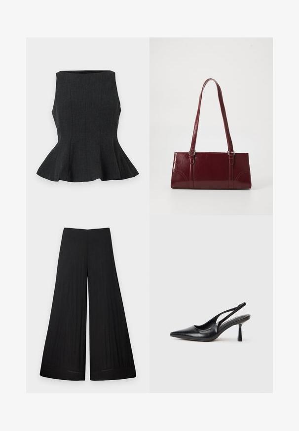 Haut peplum sans manches noir avec un design structuré. Doté d'un tissu texturé et d'un ourlet évasé, offrant un look ajusté.; Pantalon noir à larges jambes en tissu léger. Il possède une taille plate et un matériau fluide, avec peu de détails de couture.; Chaussure à talon haut en cuir noir, à bride arrière, avec un bout pointu et un talon fin sur fond blanc.; Sac à main bordeaux en matériau brillant, de forme rectangulaire, avec deux anses et des accents légèrement courbés à l'avant.