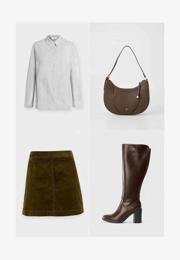 Herre langærmet skjorte med knapper foran, med lille ternet mønster i blå, grå og beige og spids krave.; Brun kordfløjl mini skirt med lodrette ribber, lige snit og en ren kant. Har en simpel talje uden udsmykninger.; Mørkebrun knæhøj læderstøvle med rund tå og blokhæl, glat finish og elastisk panel bagpå.; Brun læder skuldertaske med en buet form, prydet med en lille detalje i guld og en tekstureret overflade, og med lynlåslukning.