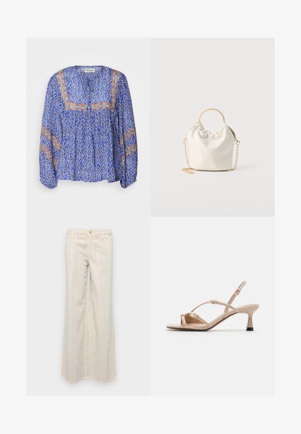 Blauwe blouse met een patroon, gemaakt van lichtgewicht stof. Heeft lange mouwen, plooidetails en gekleurde geometrische accenten.; Beige wijde broek met een gladde textuur, versierd met metallic zilveren pailletjes in een patroon aan de voorkant en achterkant.; Call it Spring DIANAH - Sandalen - other beige; Kleine witte geweven handtas met ronde gouden handgreep en gouden kettingriem, getoond op een neutrale achtergrond.