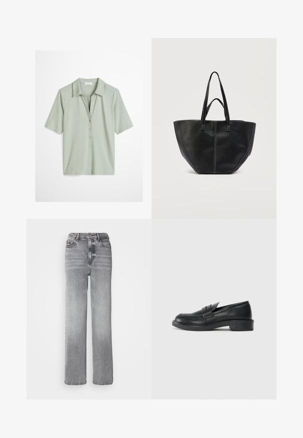 Lysegrøn kortærmet skjorte med knapper, krave, seks knapper foran og en lige kant.; Grå højtaljede jeans med lige ben, lys slid og klassisk fem-lomme design med metalknaplukning.; Sorte læder loafers med rund tå, stikninger og en lille hæl. Glat tekstur og en fleksibel gummisål.; Sort lædertaske med to håndtag og kontrastfuld hvid syning, med en bred, struktureret form og detaljer med central søm.