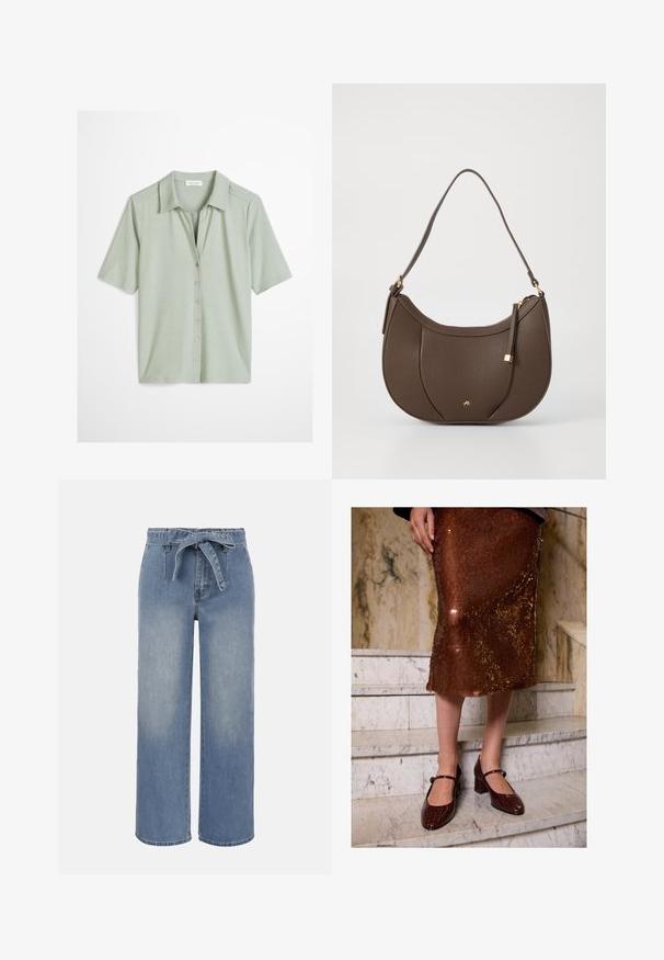 Lysegrøn kortærmet skjorte med knapper, krave, seks knapper foran og en lige kant.; Lyseblå jeans med høj talje og vide ben, udstyret med et bundet stofbælte og forlommer, med en let falmet vaskeeffekt.; Kvinne iført en brun paljettemidi-skjørt og mørkebrune krokodille-teksturerte Mary Jane-hæler som står på marmortrapper.; Brun læder skuldertaske med en buet form, prydet med en lille detalje i guld og en tekstureret overflade, og med lynlåslukning.
